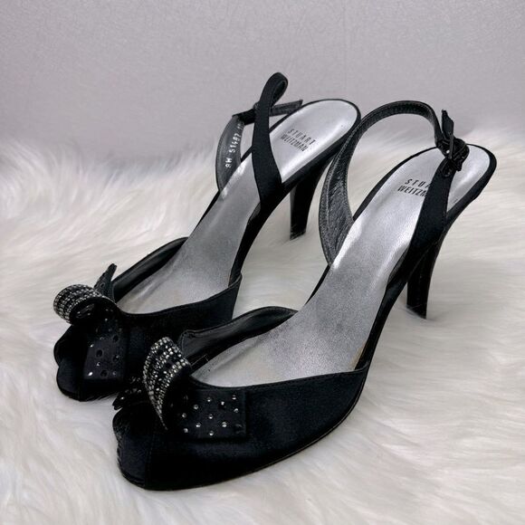 Stuart Weitzman Curlique Rhinestone Satin Slingback Heels 8 - Picture 1 of 7